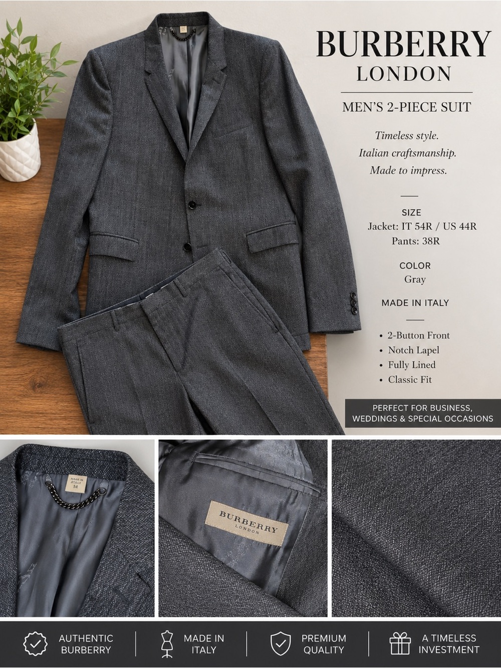 Burberry Gray Men's 2-Piece Notch Lapel Suit